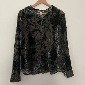 Avenue Dark Green Floral Velvet Burn Out Sheer Button Top 14/16 Fairy Grunge